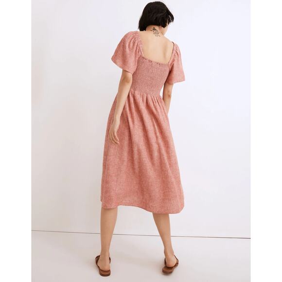 Madewell Smocked Linen-Blend Puff Sleeve Midi Dress - Size 2X - Picture 2 of 8